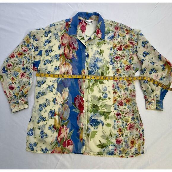 Vintage Sheer Chiffon Blouse Floral Print Boho Garden Button Down S/M - Picture 10 of 11